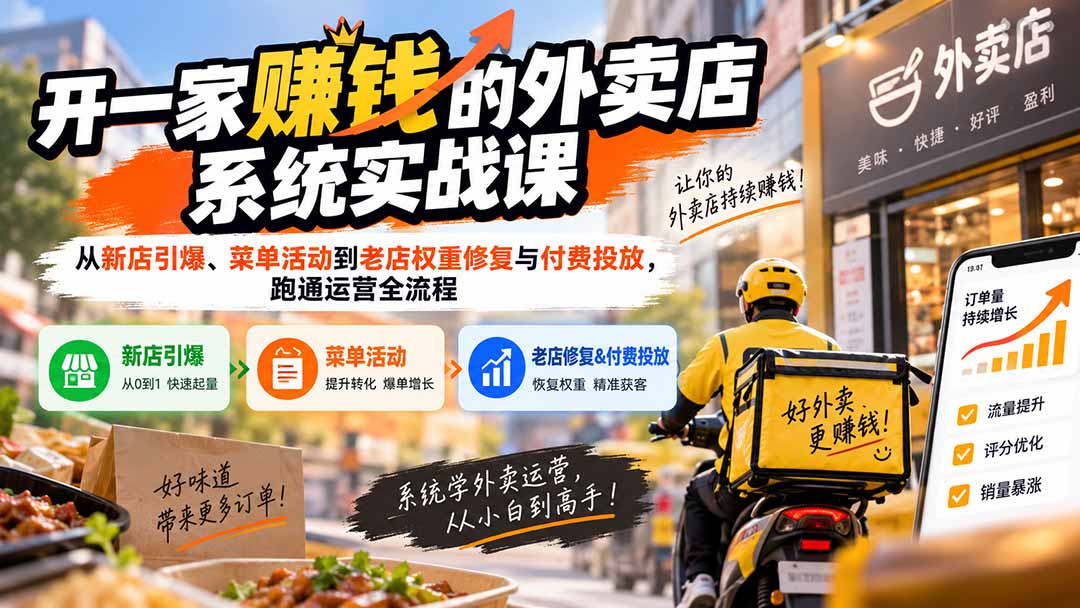 开一家赚钱的外卖店系统实战课:从新店引爆、菜单活动到老店权重修复与付费投放,跑通运营全流程-资源宝库