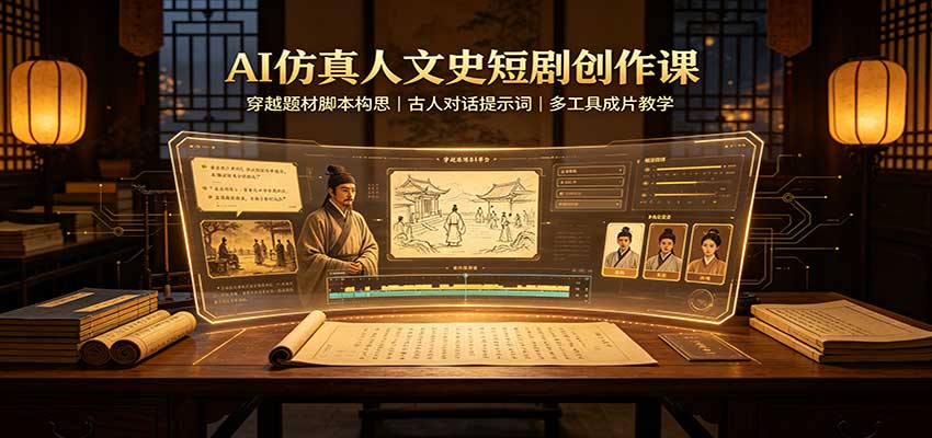 AI仿真人文史短剧创作课:穿越题材脚本构思,古人对话提示词,多工具成片教学-资源宝库