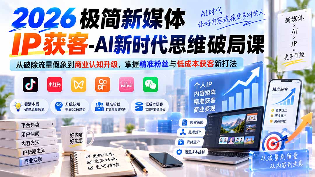 2026极简新媒体IP获客-AI新时代思维破局课:从破除流量假象到商业认知升级,掌握精准粉丝与低成本获客新打法-资源宝库