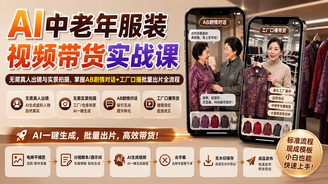 AI中老年服装视频带货实战课：无需真人出镜与实景拍摄，掌握AB剧情对话+工厂口播批量出片全流程-资源宝库