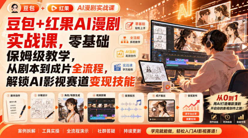 豆包+红果AI漫剧实战课，零基础保姆级教学，从剧本到成片全流程，解锁AI影视赛道变现技能-资源宝库