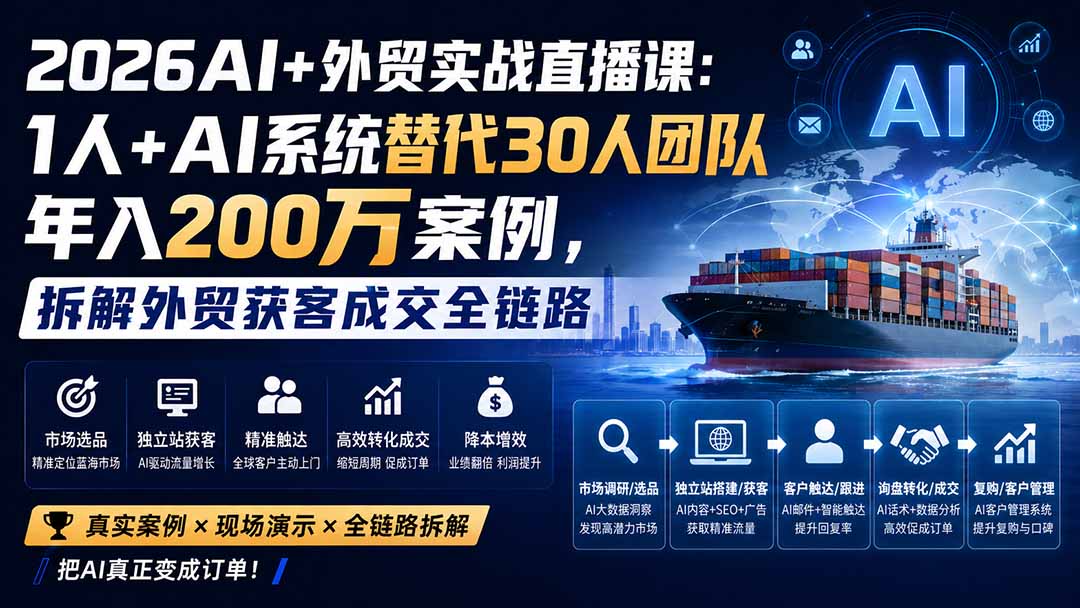 2026AI+外贸实战直播课：1人+AI系统替代30人团队年入200万案例，拆解外贸获客成交全链路-资源宝库