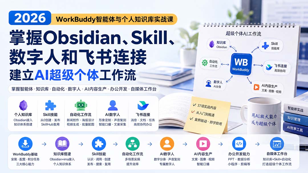 2026 WorkBuddy智能体与个人知识库实战课：掌握Obsidian、Skill、数字人和飞书连接，建立AI超级个体工作流-资源宝库