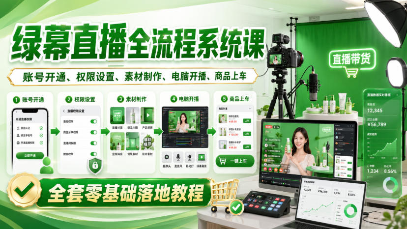 绿幕直播全流程系统课，账号开通、权限设置、素材制作、电脑开播、商品上车全套零基础落地教程-资源宝库