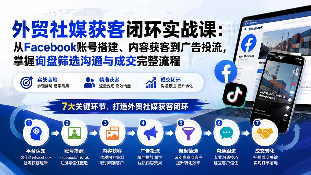 外贸社媒获客闭环实战课:从Facebook账号搭建、内容获客到广告投流,掌握询盘筛选沟通与成交完整流程-资源宝库