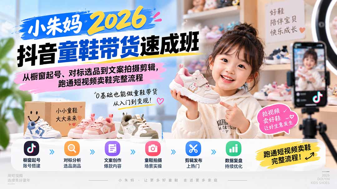 小朱妈2026抖音童鞋带货速成班:从橱窗起号、对标选品到文案拍摄剪辑,跑通短视频卖鞋完整流程-资源宝库