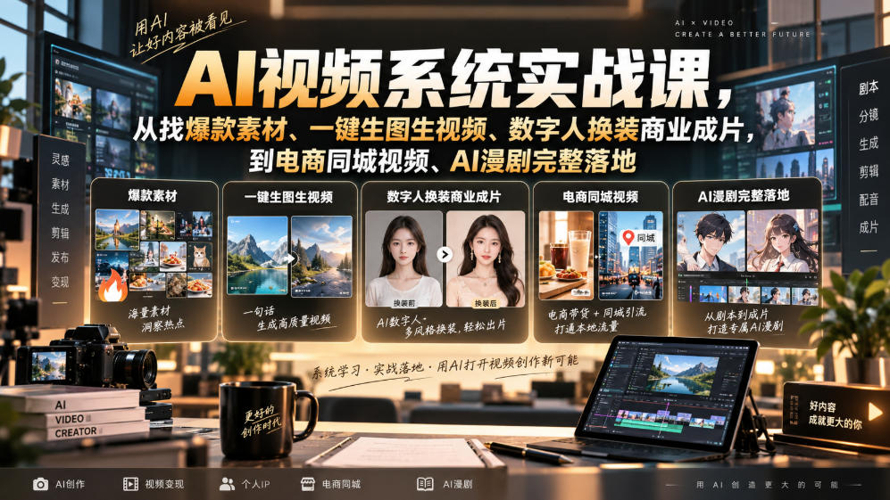 AI视频系统实战课，从找爆款素材、一键生图生视频、数字人换装商业成片，到电商同城视频、AI漫剧完整落地-资源宝库