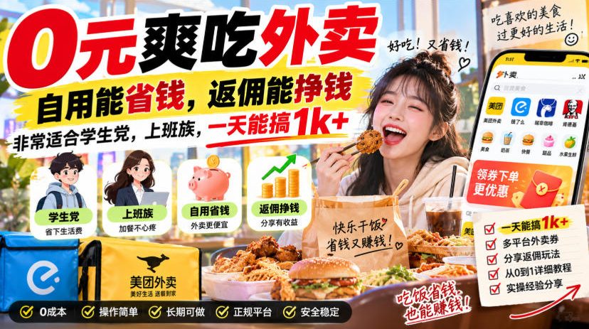 0元爽吃外卖，自用能省钱，返佣能挣钱，非常适合学生党，上班族，一天能搞1k+-资源宝库