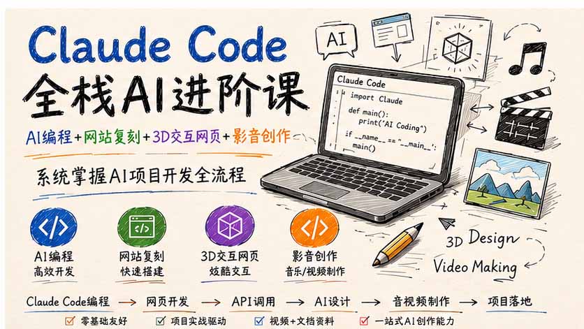 Claude Code全栈AI进阶课-更新；AI编程+网站复刻+3D交互网页+影音创作，系统掌握AI项目开发全流程-资源宝库