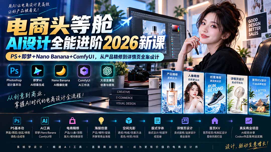 电商头等舱AI设计全能进阶2026新课:PS+即梦+Nano Banana+ComfyUI,从产品精修到详情页全案设计-资源宝库