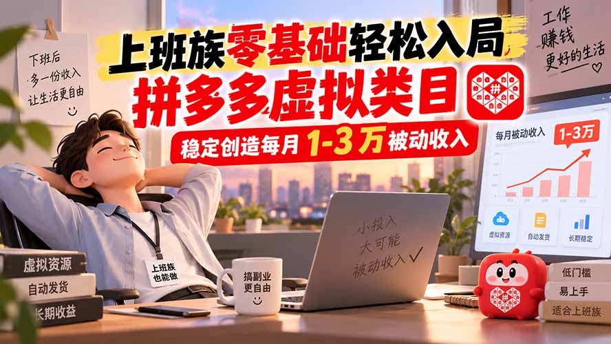 上班族零基础轻松入局,拼多多虚拟类目,稳定创造每月 1-3 万被动收入-资源宝库