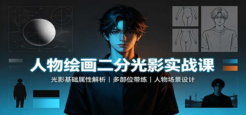 人物绘画二分光影实战课:光影基础属性解析,多部位带练,人物场景设计-资源宝库