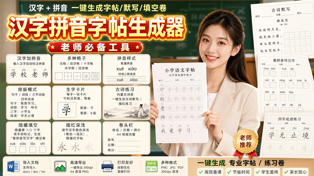 学习神器,汉字拼音字帖生成器,汉字+拼音 一键生成字帖/默写/填空卷,支持词组、成语,老师、家长必备-资源宝库
