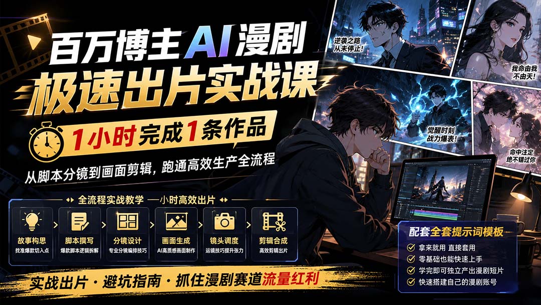 百万博主AI漫剧极速出片实战课：1小时产出条作品，从脚本分镜到画面剪辑，跑通高效生产全流程-资源宝库