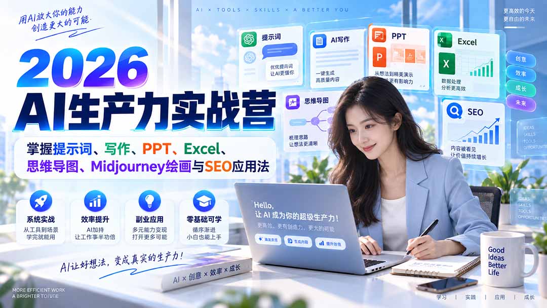 2026AI生产力实战营:掌握提示词、写作、PPT、Excel、思维导图、Midjourney绘画与SEO应用法-资源宝库