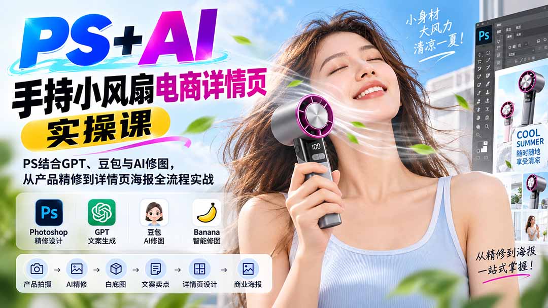 PS+AI手持小风扇电商详情页实操课：PS结合GPT、豆包与AI修图，从产品精修到详情页海报全流程实战-资源宝库