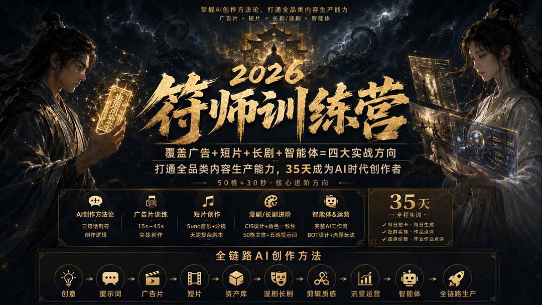 符师训练营-35天成为AI时代创作者，广告+短片+漫剧+智能体四大实战方向，掌握从创意到上线的完整工作流-资源宝库