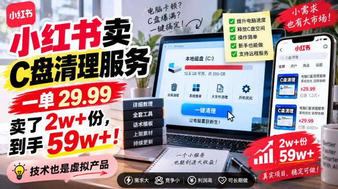 小红书卖C盘清理服务，一单29.99，卖了2w+份，技术也是虚拟产品-资源宝库
