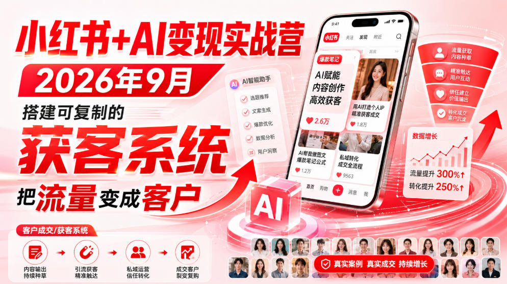 小红书+AI变现实战营2026年9月,搭建可复制的获客系统,把流量变成客户!-资源宝库