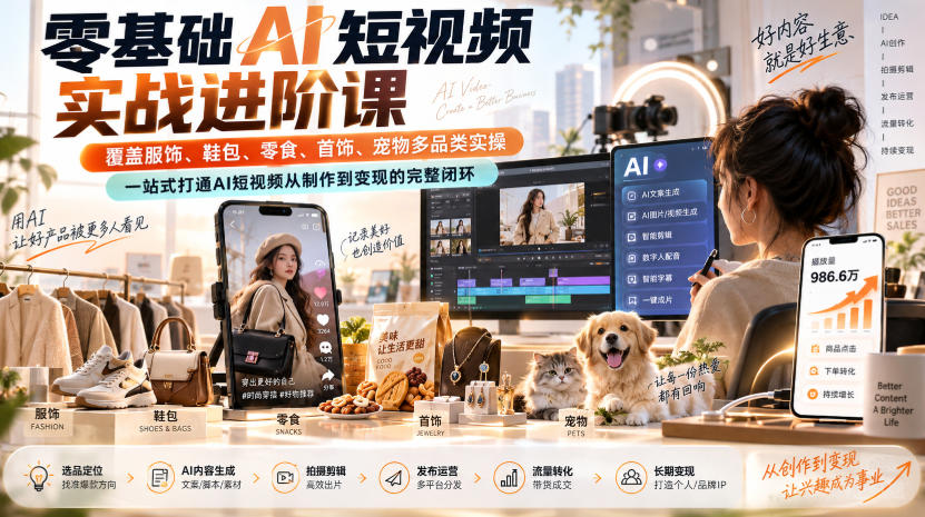 零基础AI短视频实战进阶课,覆盖服饰、鞋包、零食、首饰、宠物多品类实操,一站式打通AI短视频从制作到变现的完整闭环-资源宝库