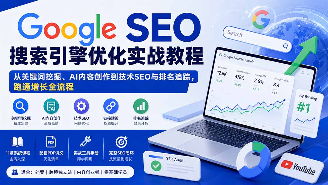 Google SEO搜索引擎优化实战教程:从关键词挖掘、AI内容创作到技术SEO与排名追踪,跑通增长全流程-资源宝库