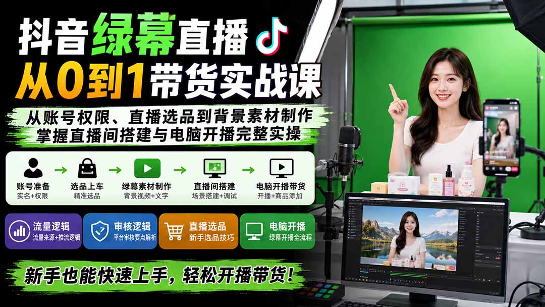 抖音绿幕直播从0到1带货实战课:从账号权限、直播选品到背景素材制作,掌握直播间搭建与电脑开播完整实操-资源宝库