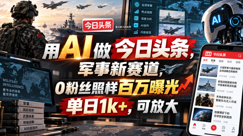 用AI做今日头条，军事新赛道，0粉丝照样百万曝光，单日1k+，可放大-资源宝库