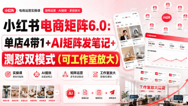 小红书电商矩阵6.0:单店4带1+AI矩阵发笔记+测怼双模式(可工作室放大)-资源宝库