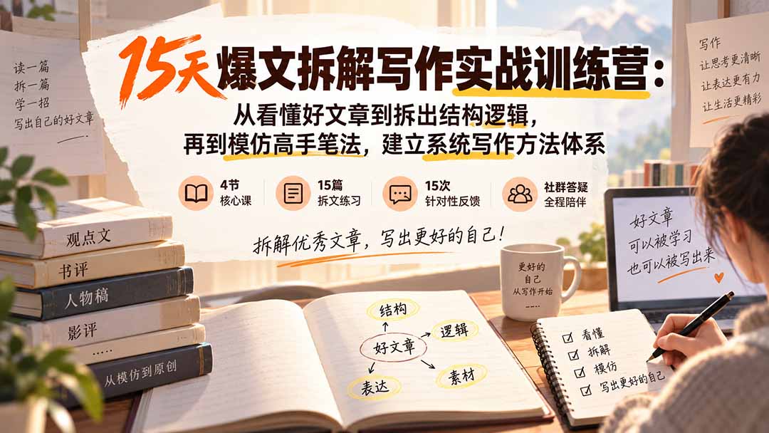 15天爆文拆解写作实战训练营:从看懂好文章到拆出结构逻辑,再到模仿高手笔法,建立系统写作方法体系-资源宝库