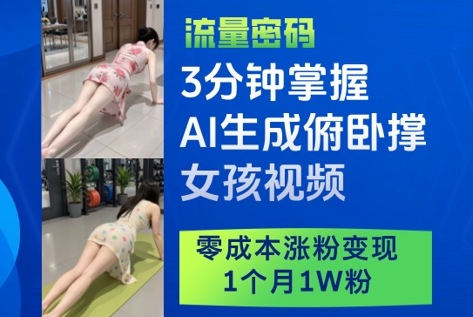 3分钟掌握AI生成俯卧撑女孩视频，零成本涨粉变现，1个月1W粉-资源宝库
