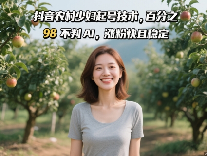 抖音农村少妇起号技术，百分之98不判AI，涨粉快且稳定