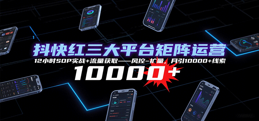 抖快红三大平台矩阵运营，12小时SOP实战+流量获取-风控-扩量，月引10000+线索-资源宝库