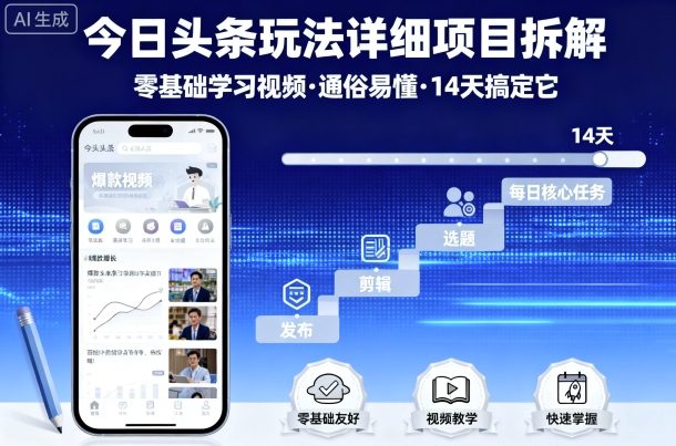 今日头条玩法详细项目拆解，零基础学习视频 通俗易懂 14天搞定它-资源宝库