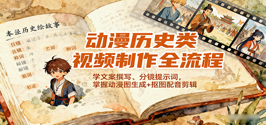 动漫历史类视频制作全流程，学文案撰写、分镜提示词，掌握动漫图生成+抠图配音剪辑-资源宝库