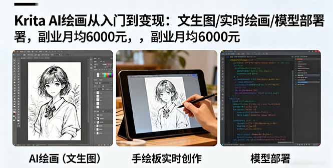Krita AI绘画从入门到变现：文生图/实时绘画/模型部署，副业月均6000元-资源宝库