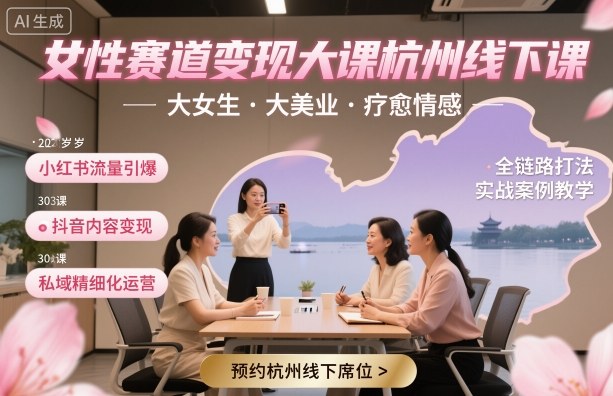 女性赛道变现大课杭州线下,大女生,大美业,疗愈情感,一套小红书、抖音、私域全链路打法