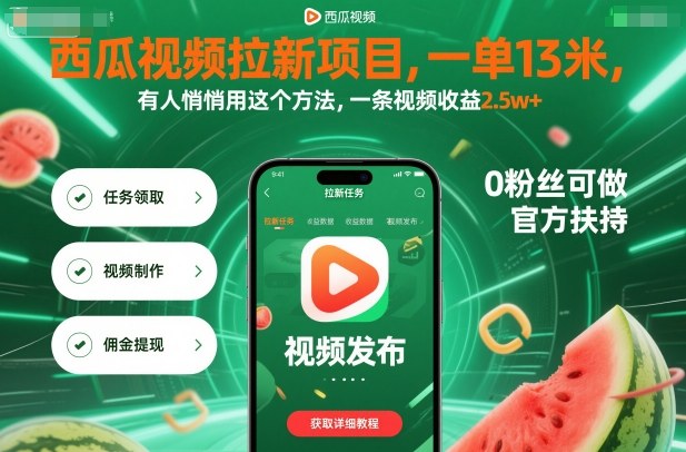 西瓜视频拉新项目，一单13米，有人悄悄用这个方法，一条视频收益2.5w+(附详细教程)-资源宝库