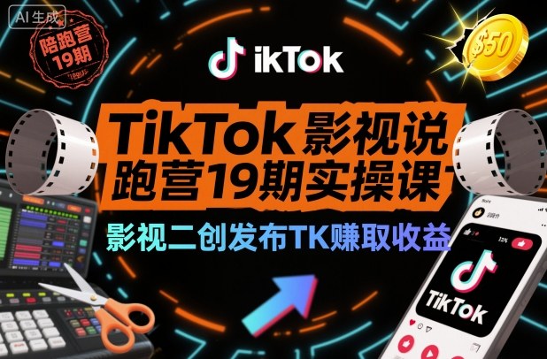 TikTok影视解说陪跑营19期实操课，影视二创发布TK賺取收益，万播收益50美金-资源宝库