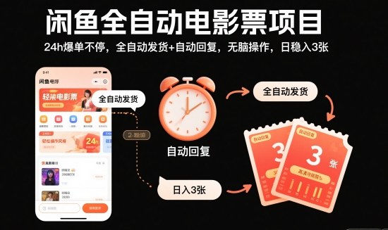 闲鱼全自动电影票项目，24h爆单不停，全自动发货+自动回复，无脑操作，日稳入3张【揭秘】-资源宝库