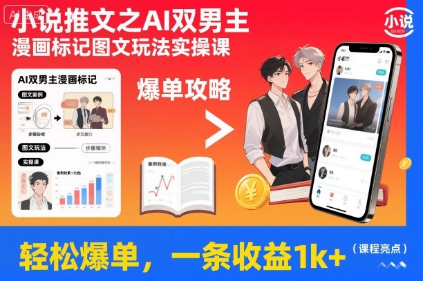 小说推文之AI双男主漫画标记图文玩法实操课，轻松爆单，一条收益1k+-资源宝库