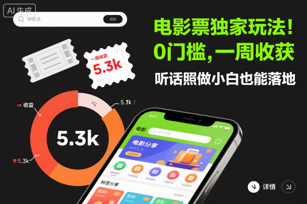 电影票独家玩法!0门槛,一周收获5.3k,听话照做小白也能落地【揭秘】