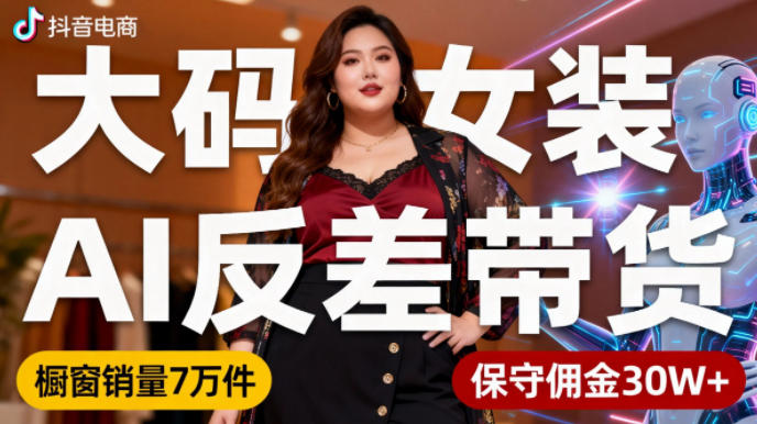 抖音小众赛道，大码女装AI反差带货，不用直播，每天6条作品，橱窗卖7万件，保守佣金30W+-资源宝库