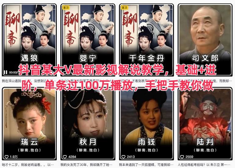 抖音某大V最新影视解说教学，基础+进阶，单条过100万播放，手把手教你做-资源宝库