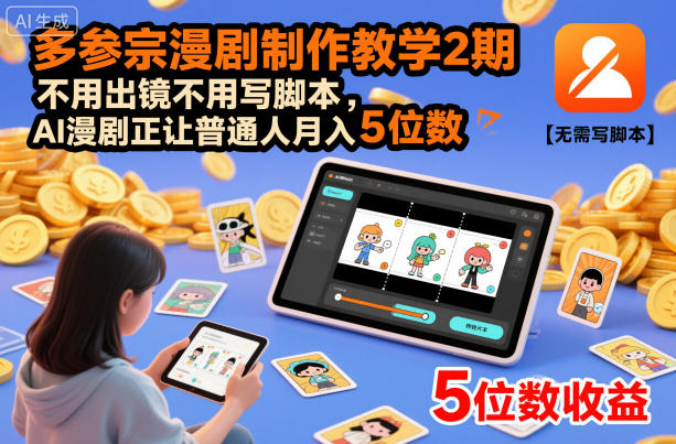 多参宗漫剧制作教学2期，不用出镜不用写脚本，AI漫剧正让普通人月入5位数-资源宝库