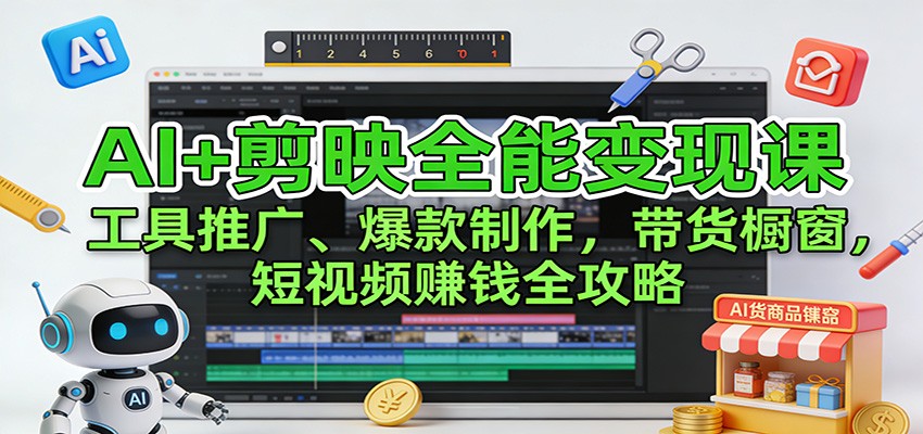 AI+剪映全能变现课：工具推广、爆款制作、带货橱窗，短视频赚钱全攻略-资源宝库