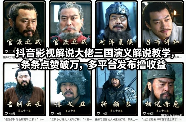 抖音影视解说大佬三国演义解说教学,条条点赞破万,多平台发布撸收益
