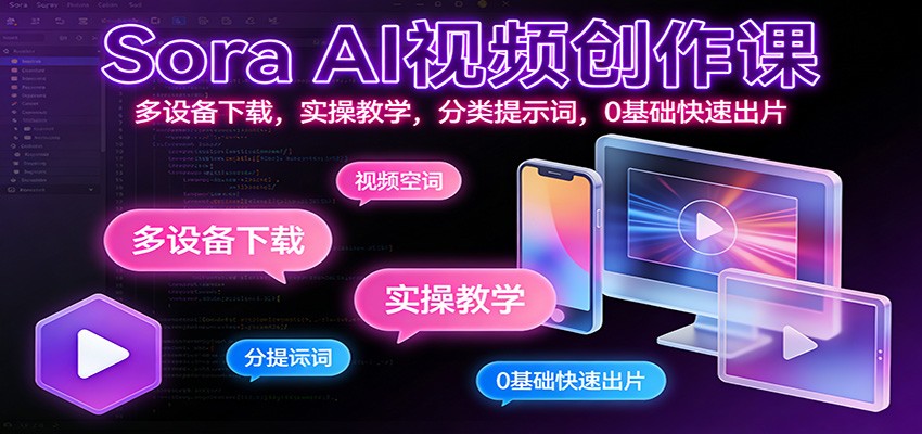 Sora AI视频创作课：多设备下载，实操教学，分类提示词，0基础快速出片-资源宝库