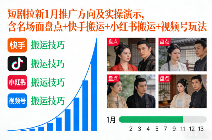 短剧拉新1月推广方向及实操演示，含名场面盘点+快手搬运+小红书搬运+视频号玩法-资源宝库