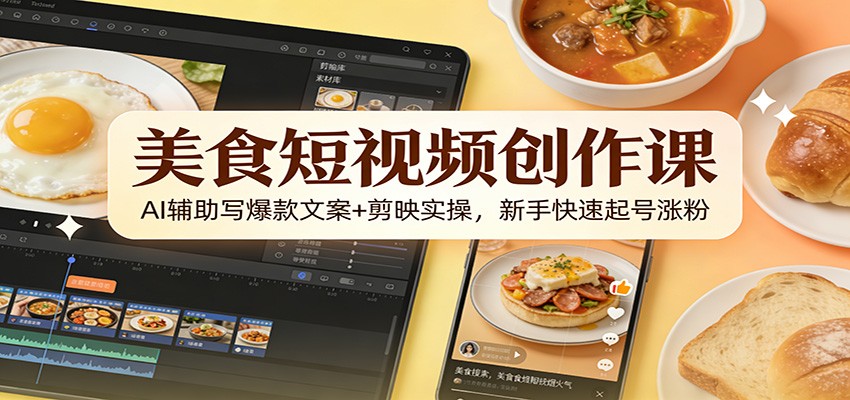 美食短视频创作课：AI辅助写爆款文案+剪映实操，新手快速起号涨粉-资源宝库