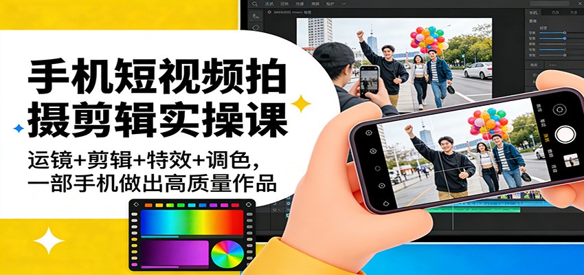 手机短视频拍摄剪辑实操课：运镜+剪辑+特效+调色，一部手机做出高质量作品-资源宝库